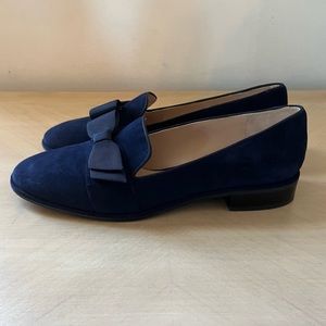 Stuart Weitzman Keegan Bow Flat Loafers in Navy Suede